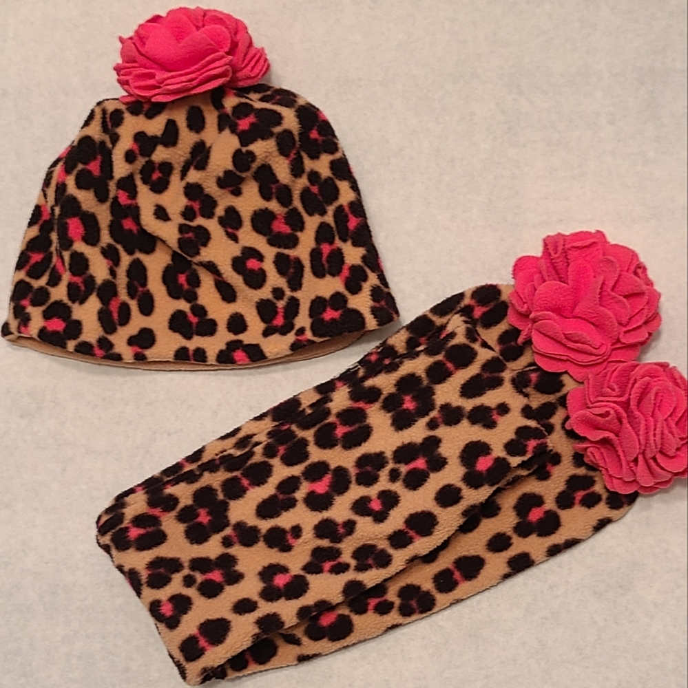Leopard print hat and matching scarf with pink flower detail